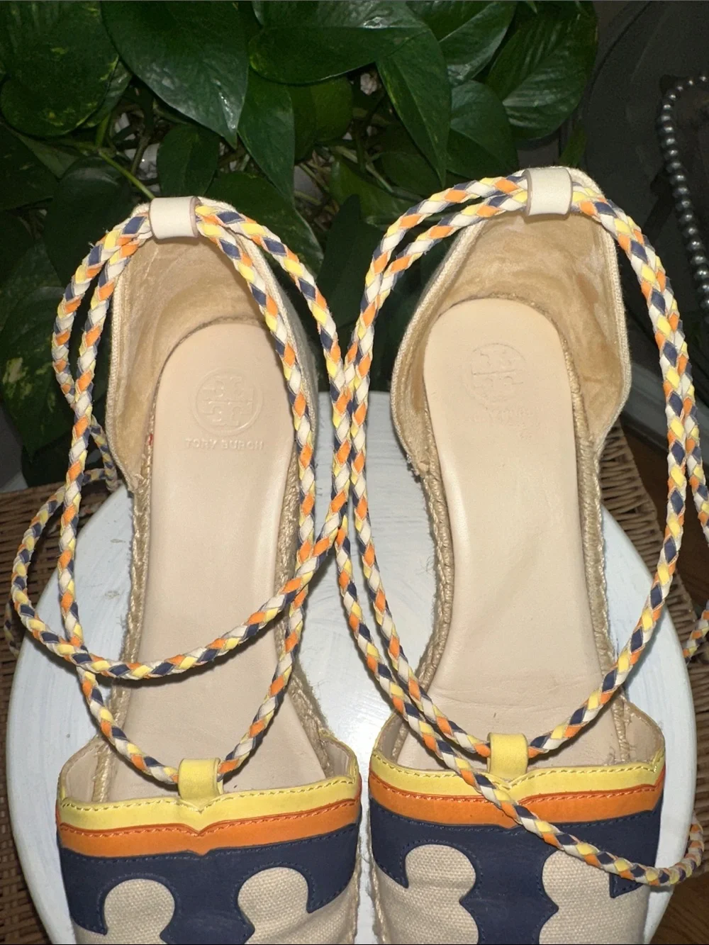 Tory Burch Laguna Canvas Espadrille Wedges with Navy Logo ankle wrap